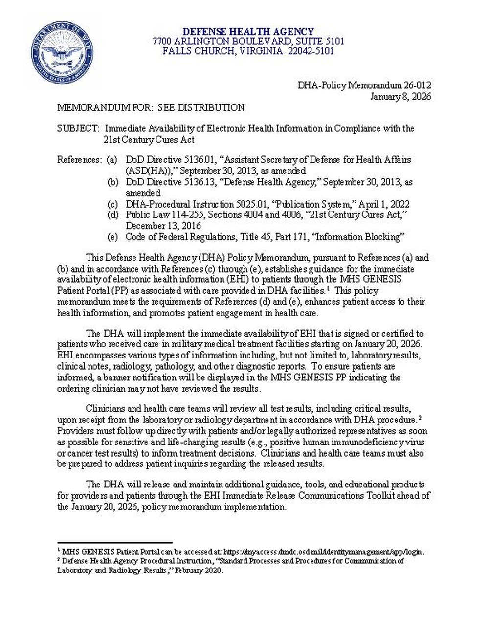 DHA Policy Memorandum Immediate Release EHI