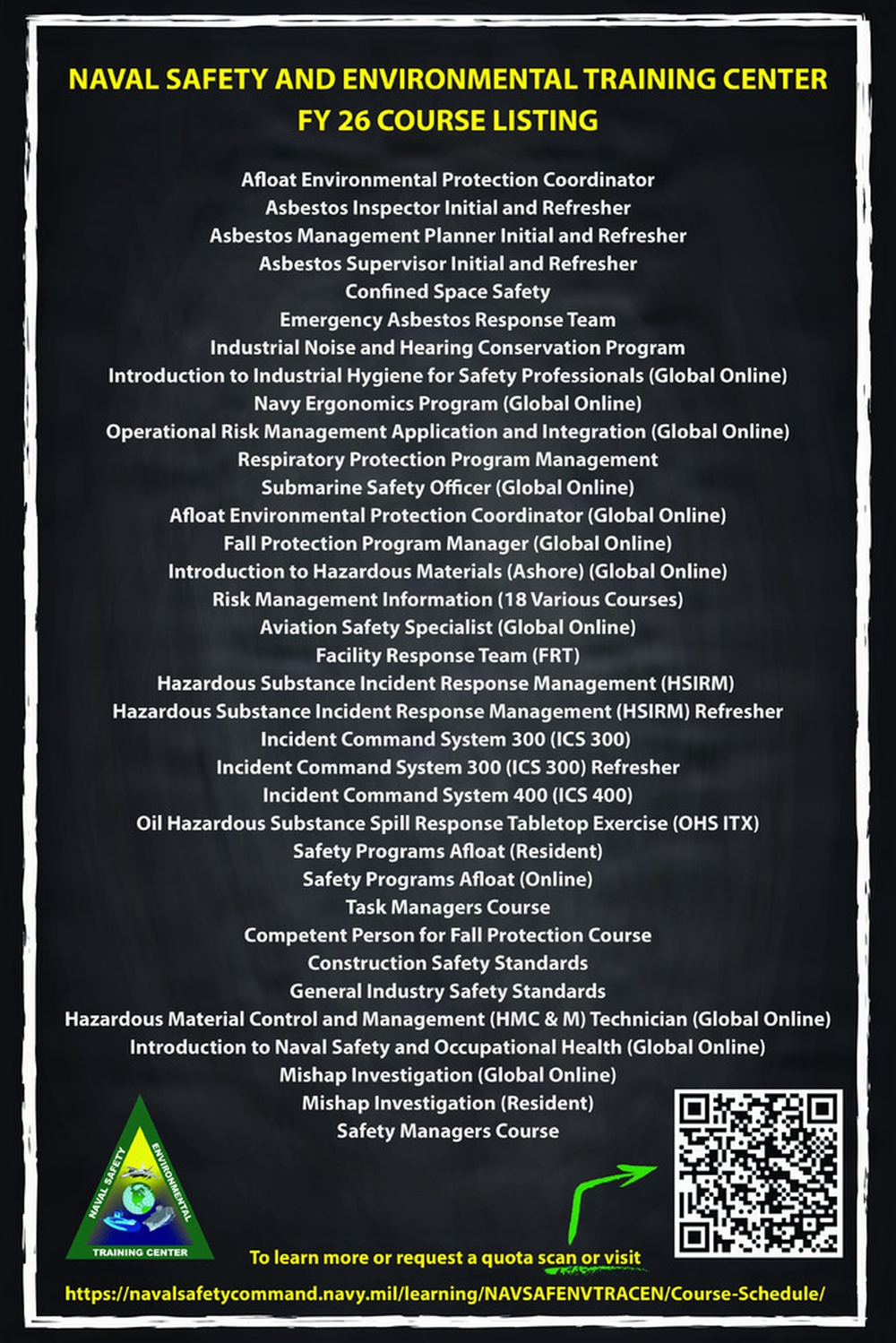 Naval Safety and Environmental Training Center FY 26 course listing