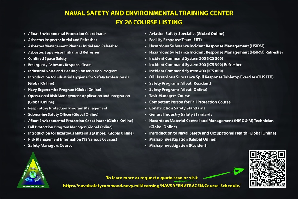 Naval Safety and Environmental Training Center FY 26 course listing