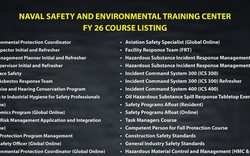 Naval Safety and Environmental Training Center FY 26 course listing
