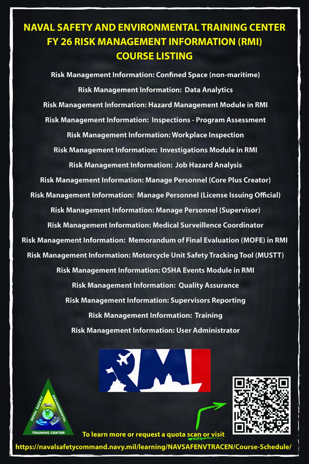 Naval Safety and Environmental Training Center FY 26 RMI course listing
