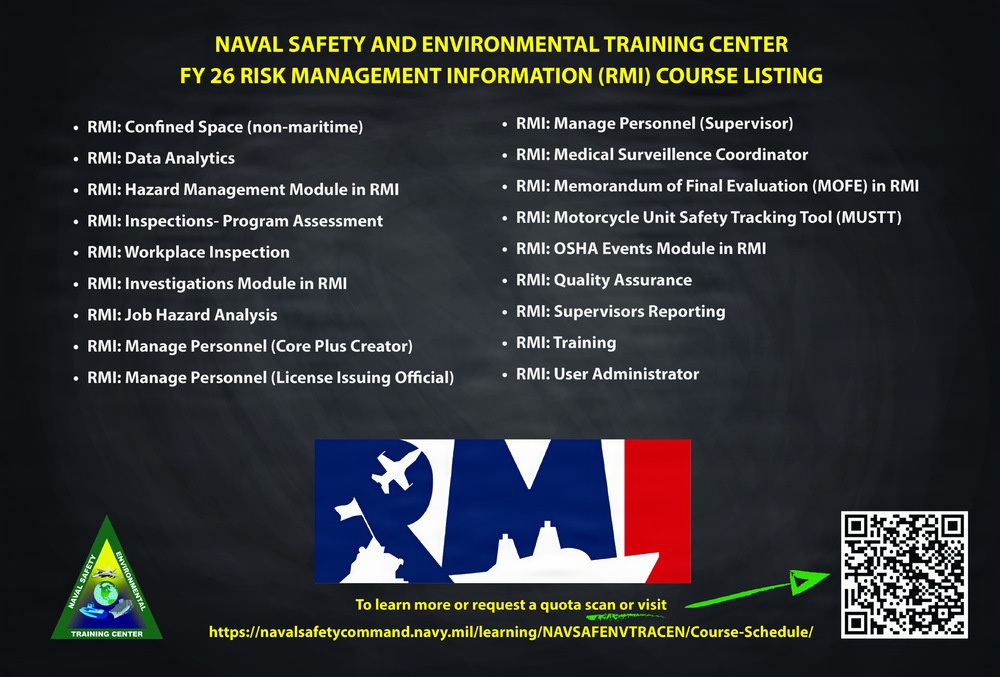 Naval Safety and Environmental Training Center FY 26 RMI course listing