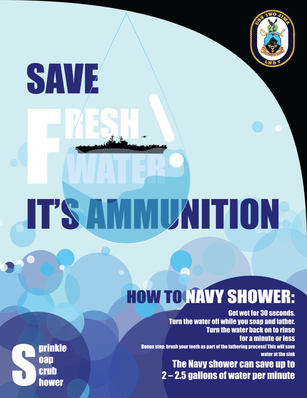 USS Iwo Jima Water Conservation Poster: Efficient Showering Techniques