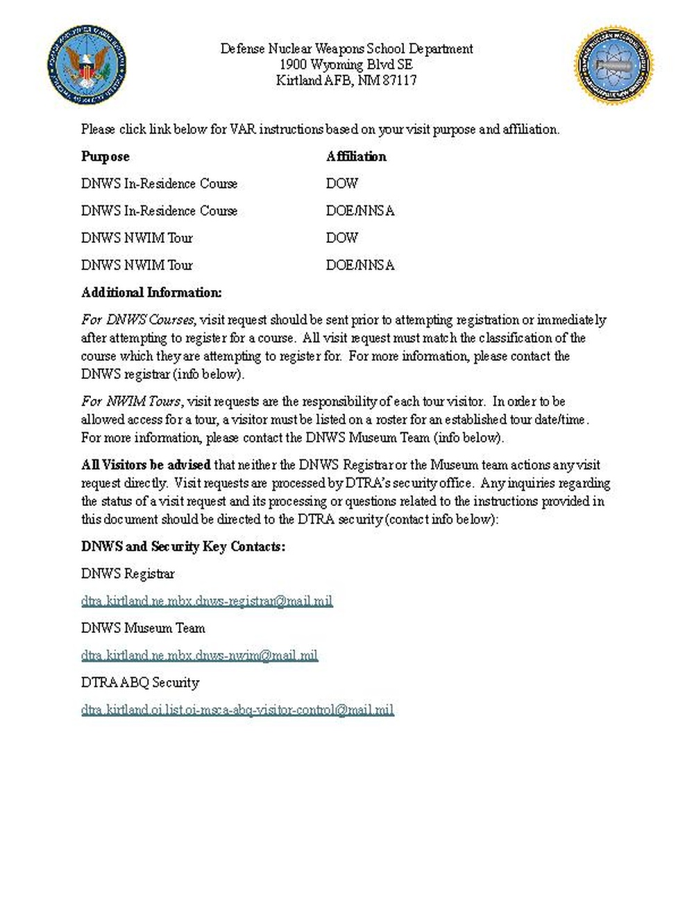 VAR Instructions for DTRA DNWS