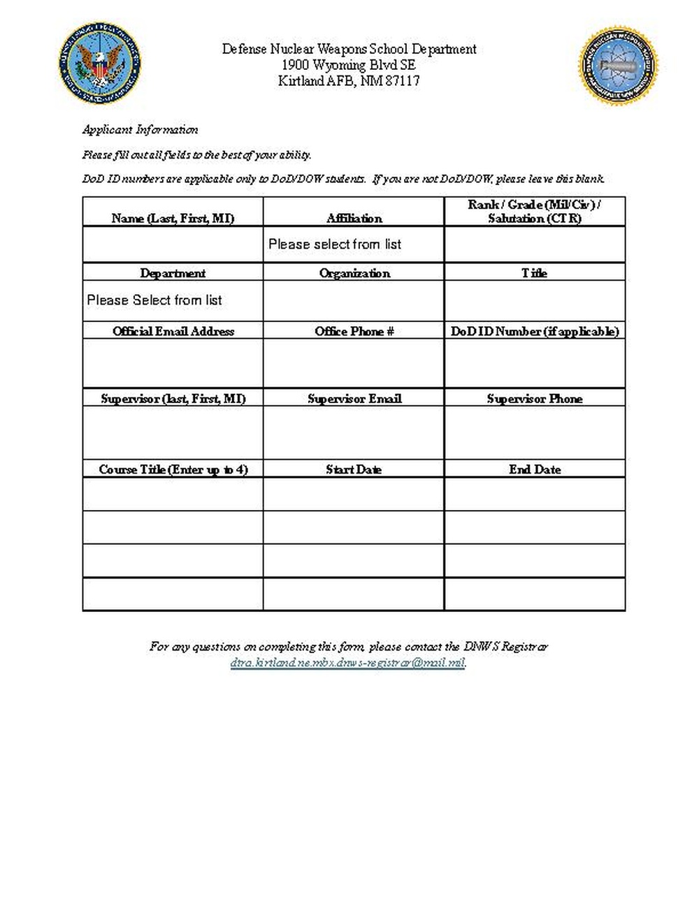 DNWS Registration Request form