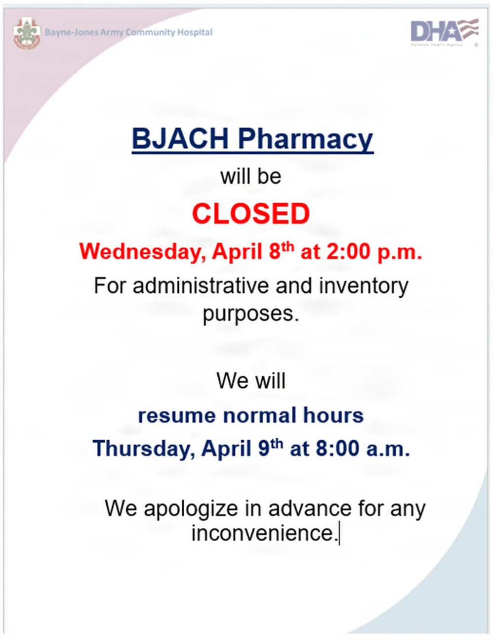 Bayne-Jones Army Community Hospital Pharmacy Announces Temporary Closure for Administrative Functions