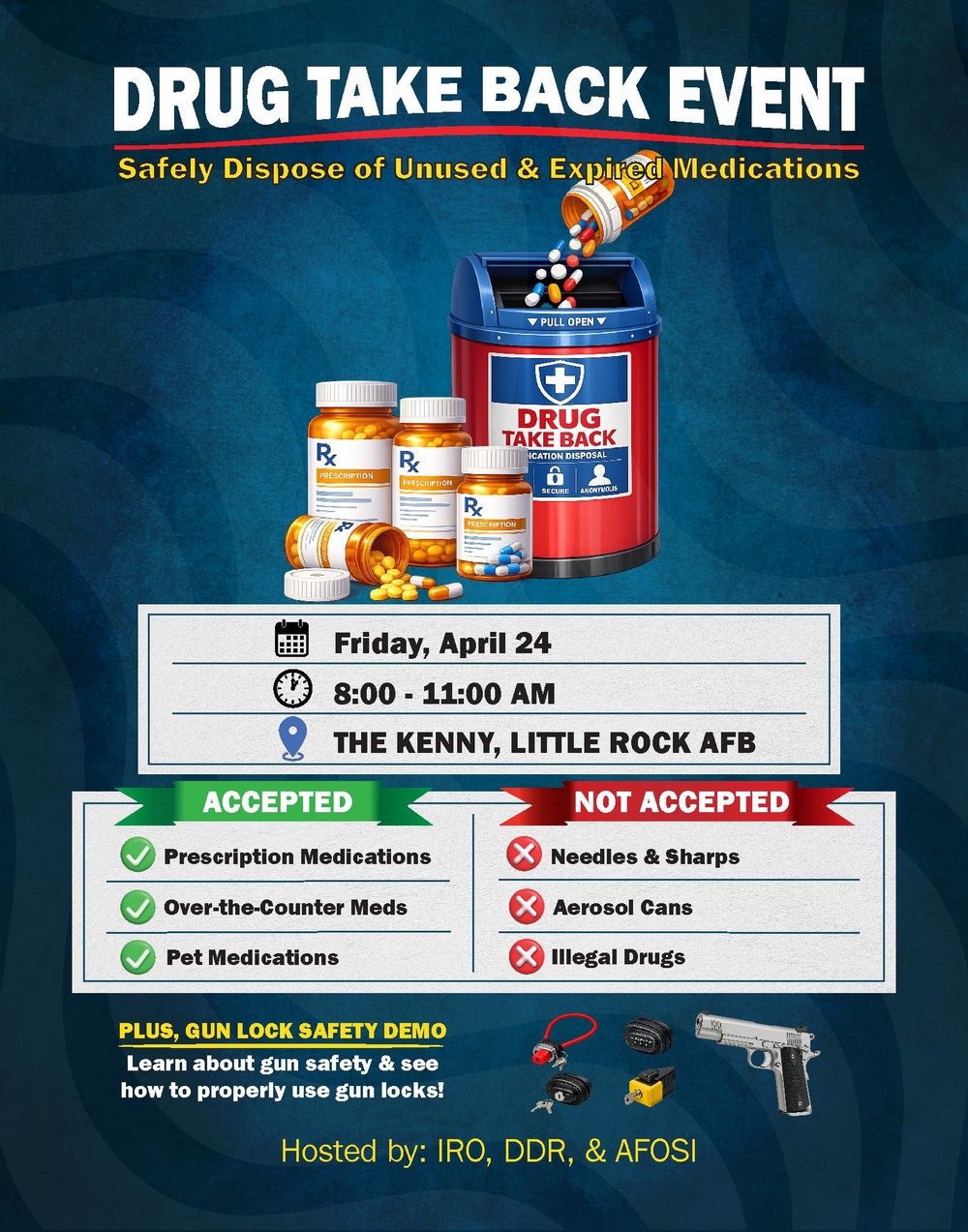 Drug Take Back Event graphic promotes safe medication disposal at Little Rock AFB