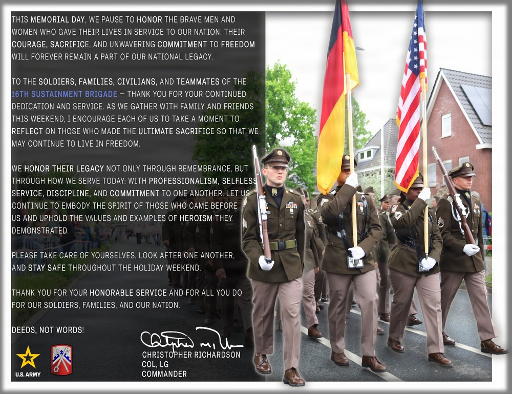 16th Sustainment Brigade Memorial Day Message