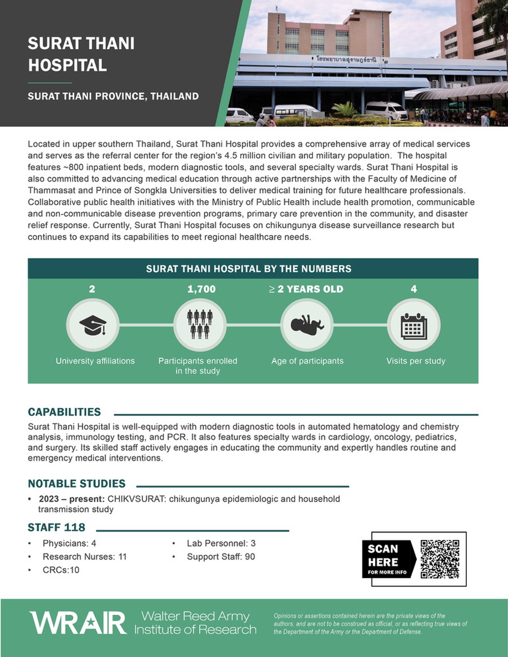 Walter Reed Army Institute of Research – Armed Forces Research Institute of Medical Sciences (WRAIR-AFRIMS) One-Pagers - Surat Thani Hospital