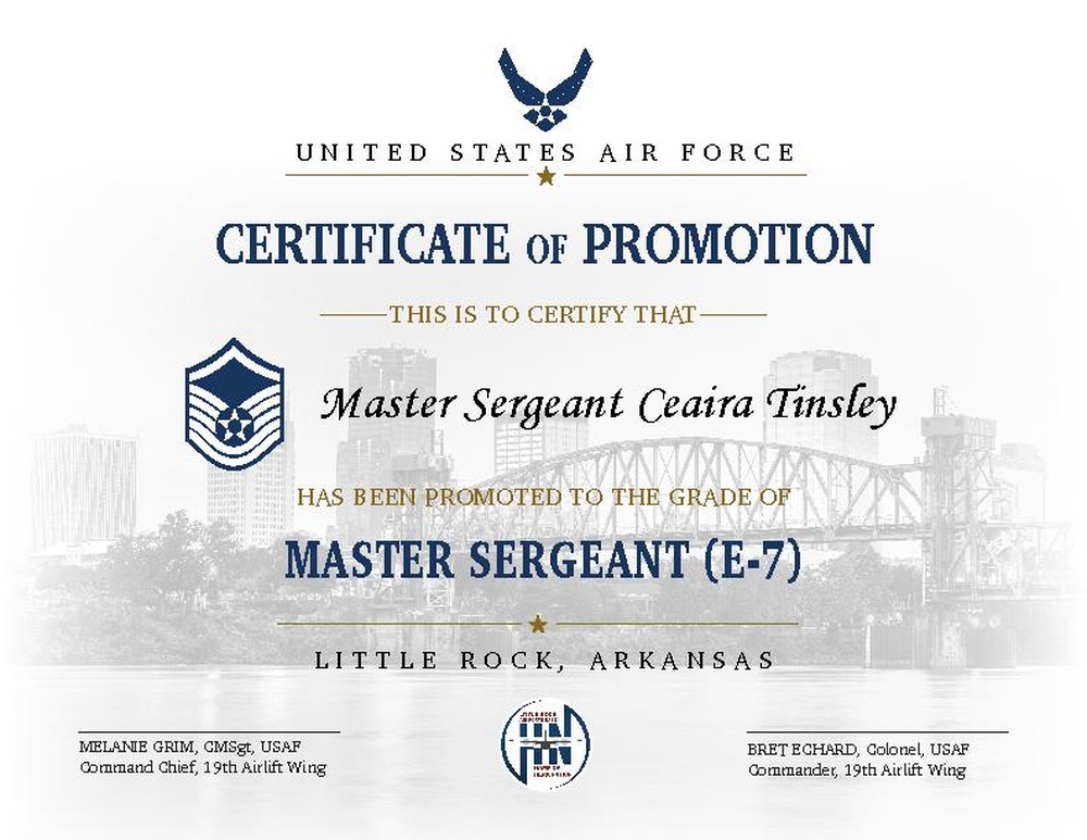 Master Sergeant promotion certificate design honors achievement and service at Little Rock AFB