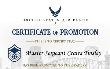 Master Sergeant promotion certificate design honors achievement and service at Little Rock AFB