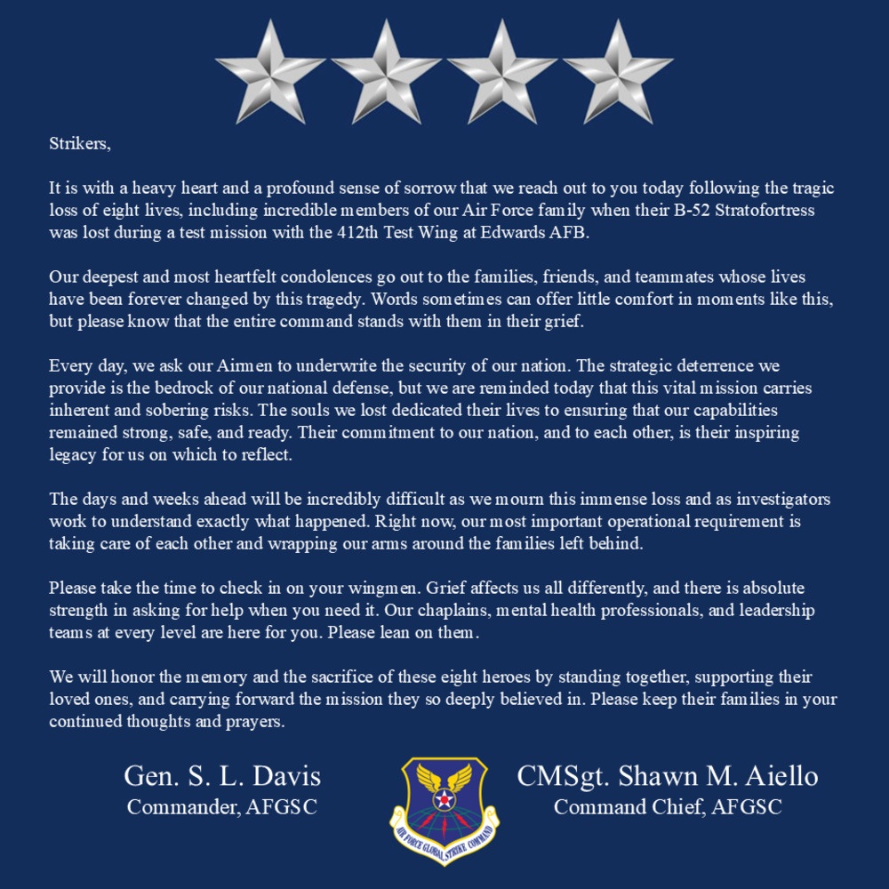 AFGSC mourns, honors eight aircrew lost in B-52 crash