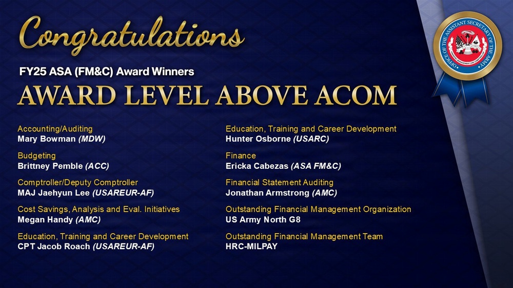 OASA (Financial Management and Comptroller) Announces Recipients of the FY2025 Financial Management Awards