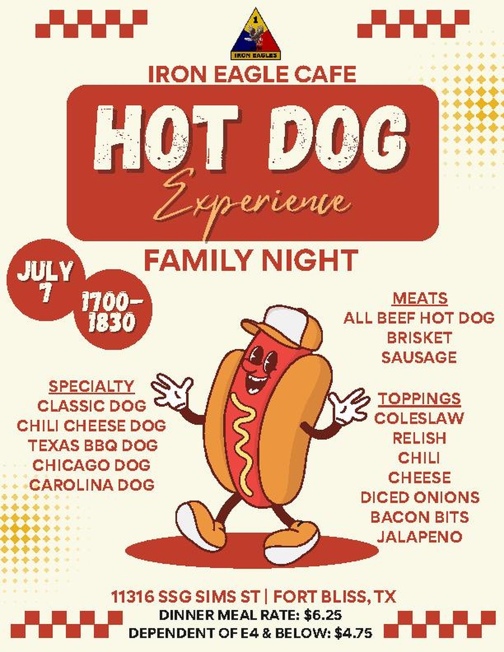 1AD, Iron Eagle Cafe, Family Night, Hot Dog Experience Flyer