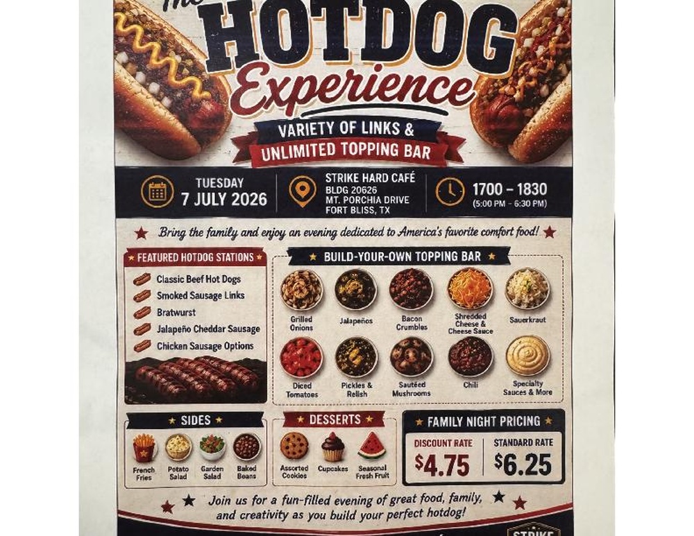 1AD Family night flyer, The Hotdog Experience, Strike Hard Cafe