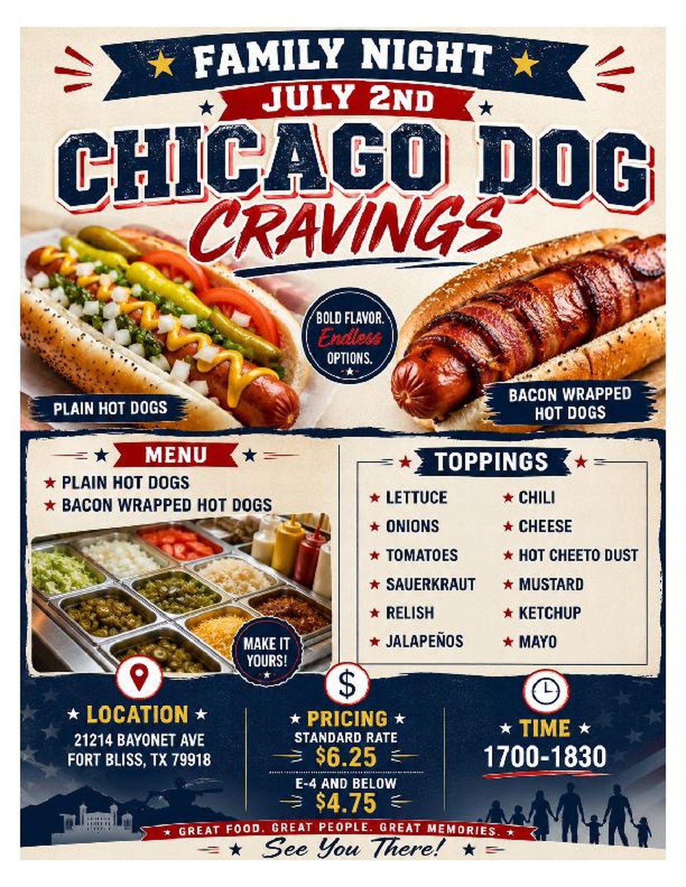 1AD Family night flyer, The Hotdog Experience, Muleskinner Cafe