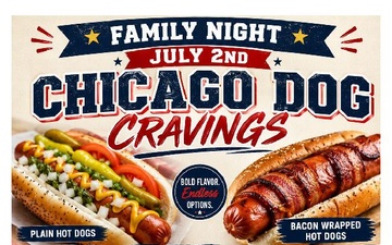 1AD Family night flyer, The Hotdog Experience, Muleskinner Cafe