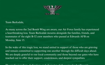 2nd Bomb Wing shares remarks after B-52 crash