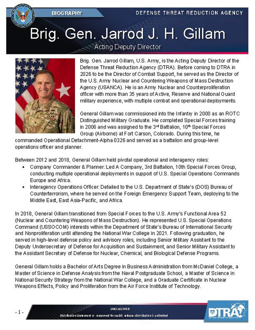Brigadier General Jarrod J. H. Gillam Biography