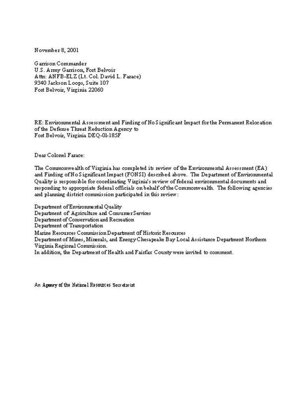EA Permanent Relocation of DTRA to Fort Belvoir 2001