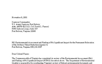 EA Permanent Relocation of DTRA to Fort Belvoir 2001