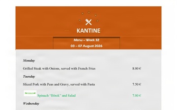 Kantine Menu - 3-7 August 2026