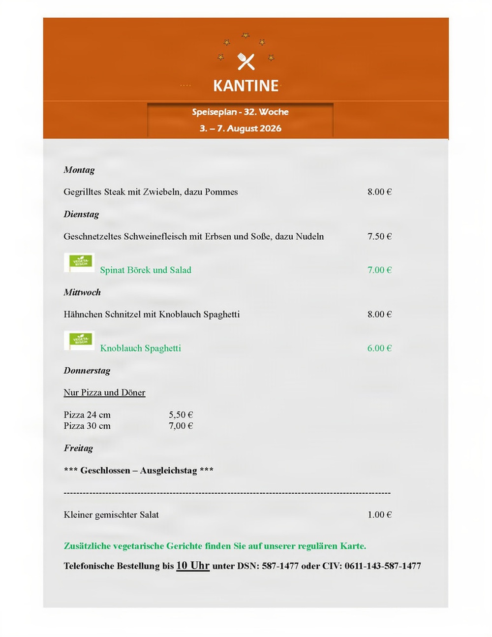 Kantine Menu - 3-7 August 2026