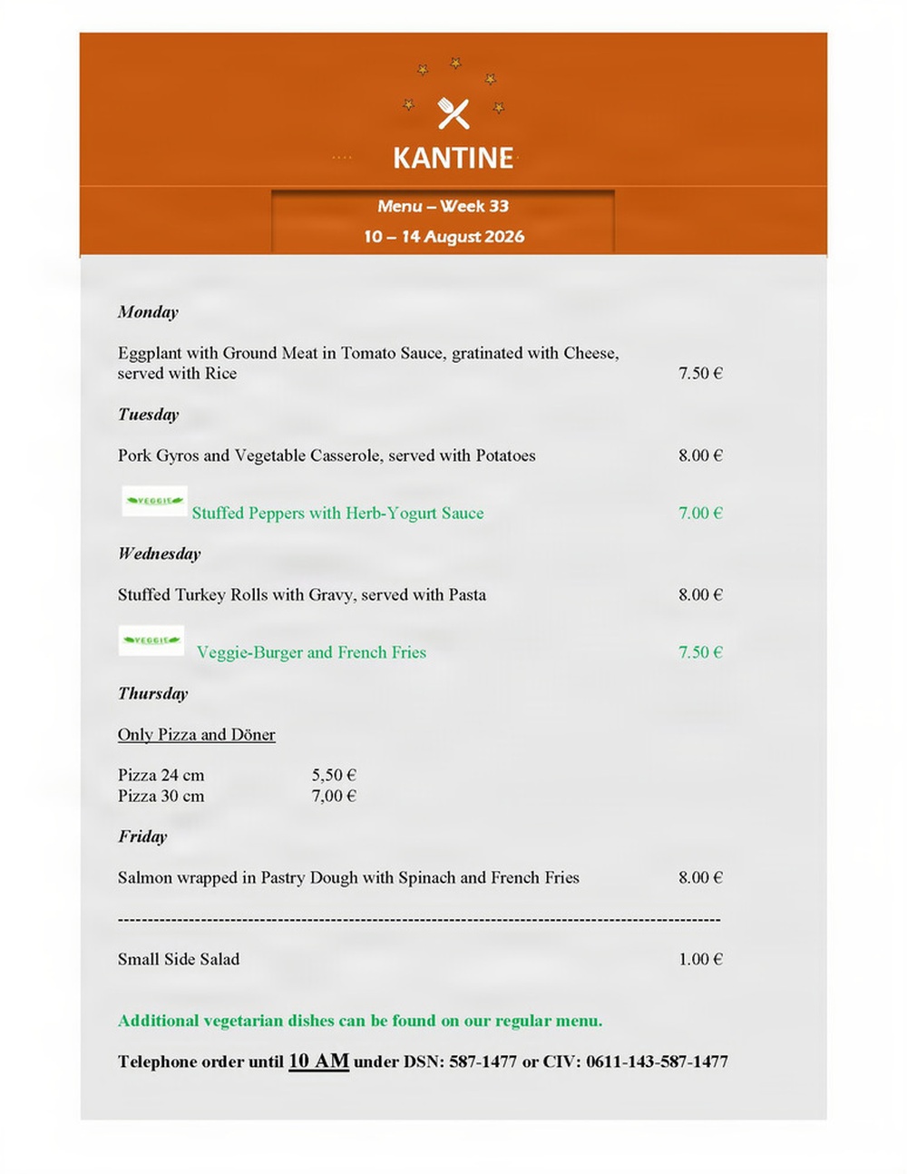 Kantine menu - 10-14 Aug