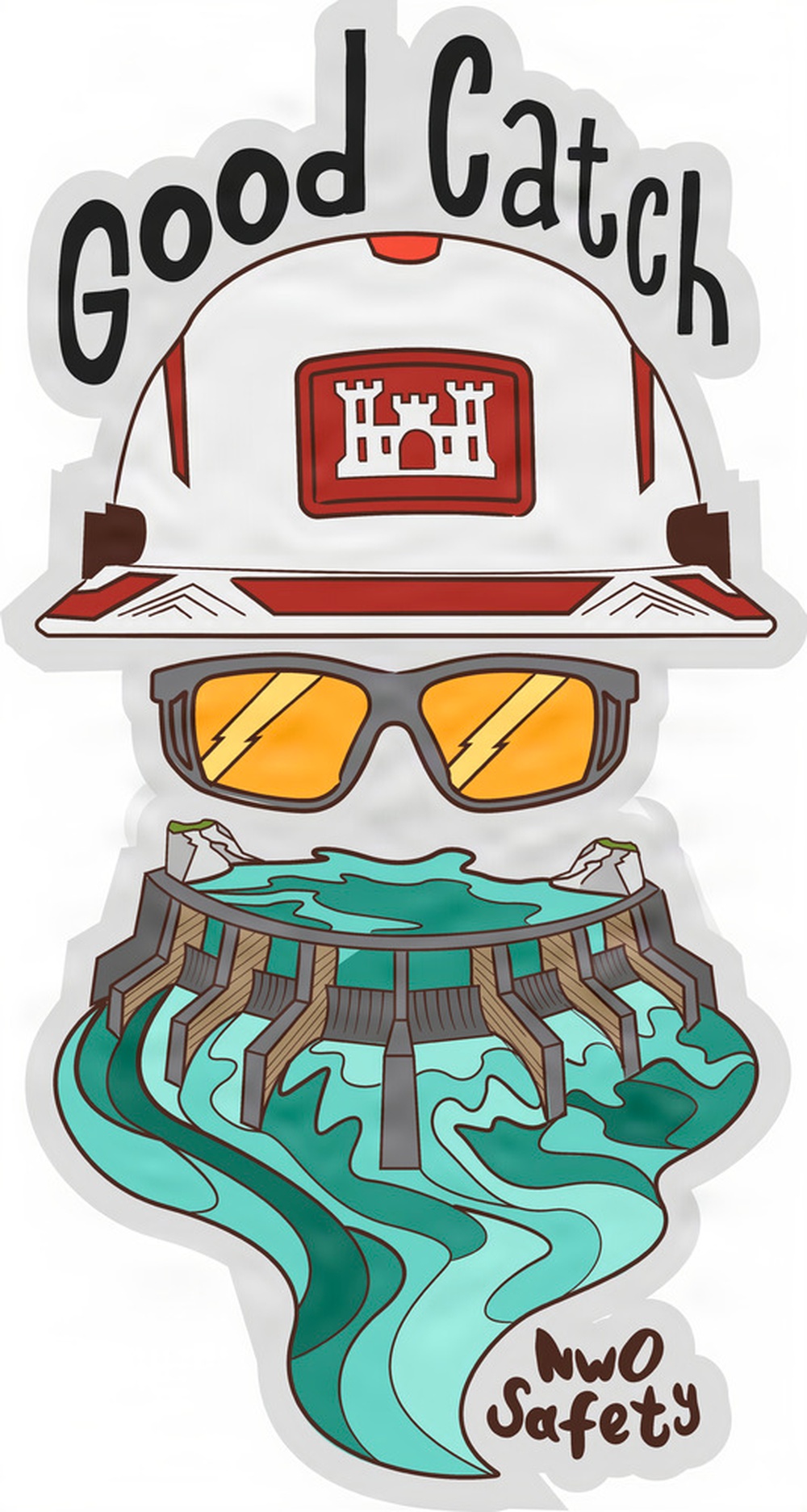 U.S. Army Corps of Engineers NWO Safety 'Good Catch' Sticker Featuring Hard Hat, Safety Glasses and Dam Illustration