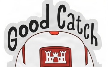 U.S. Army Corps of Engineers NWO Safety 'Good Catch' Sticker Featuring Hard Hat, Safety Glasses and Dam Illustration