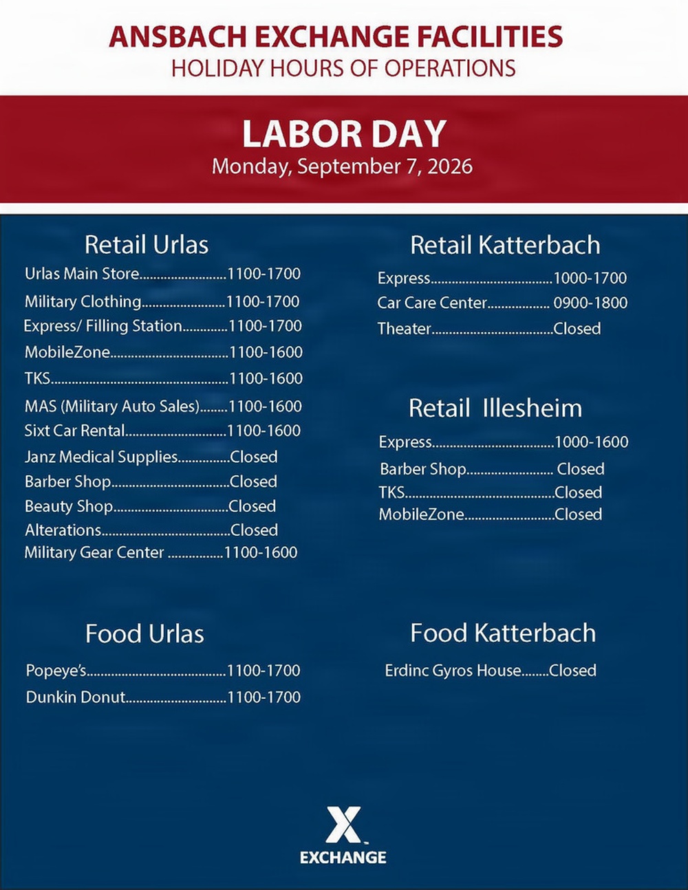 Ansbach Exchange holiday hours - Labor Day