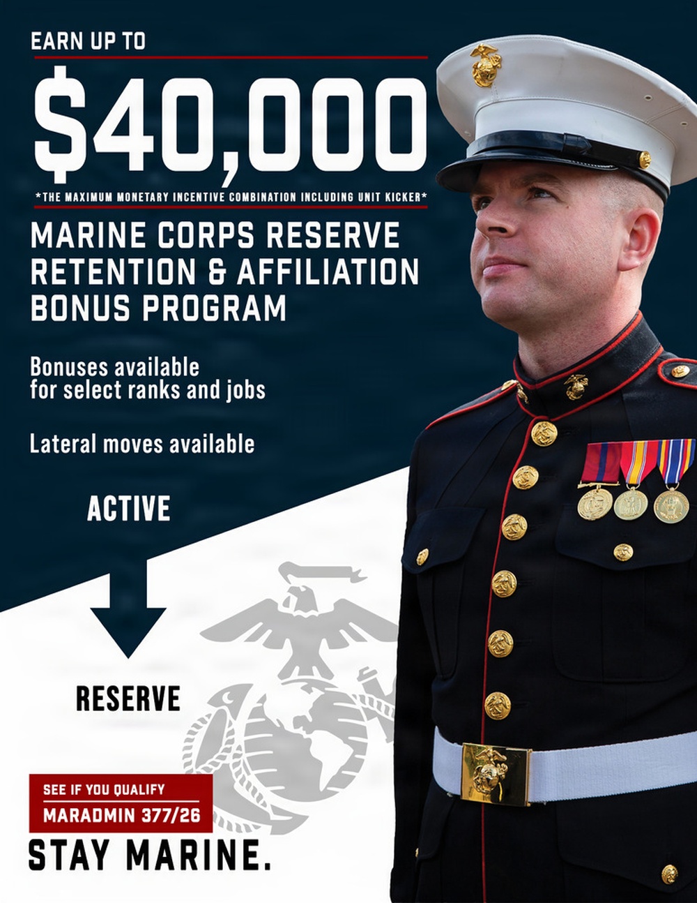 U.S. Marine Corps Reserve Retention &amp; Affiliation Bonus Program Recruitment Poster — MARADMIN 377/26
