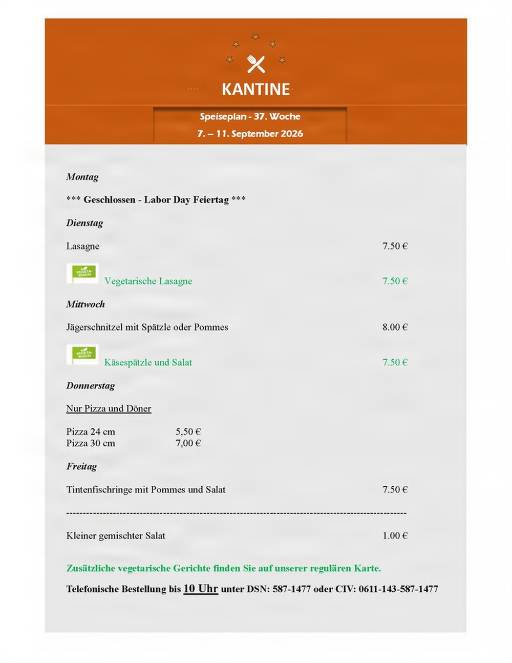 Kantine menu - Sept. 7-11, 2026