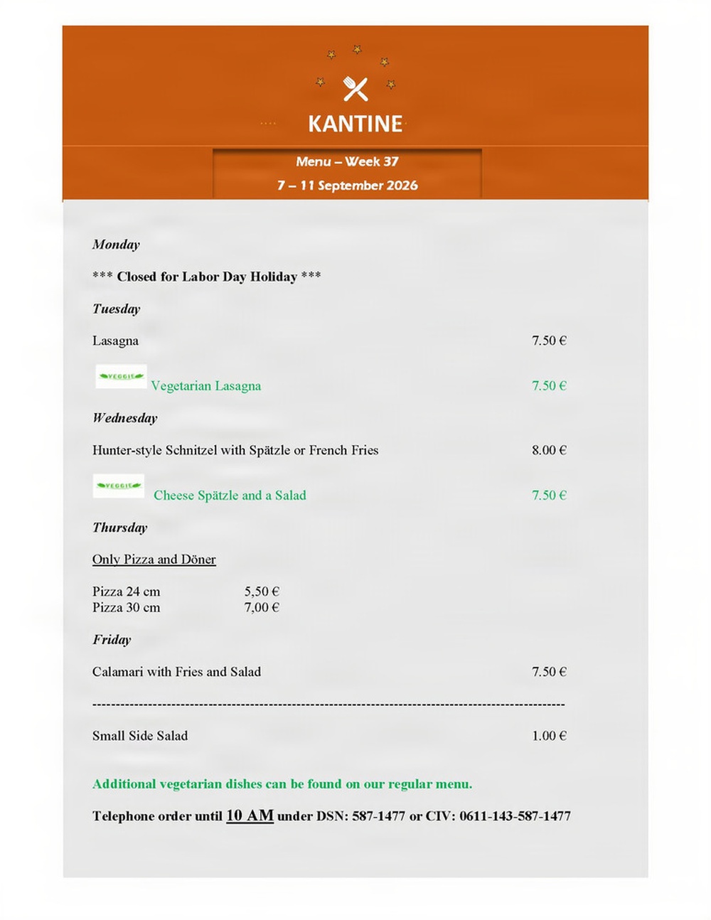 Kantine menu - Sept. 7-11, 2026