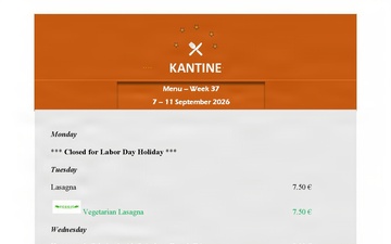 Kantine menu - Sept. 7-11, 2026