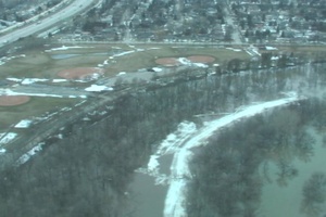 Aerial of Red River in Fargo, N.D. and Moorhead M.N.