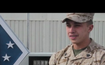 Sgt. Philip McCulloch, Jr., talks about the 1st Marine  Division (Forward) Colors and Memorial ceremony