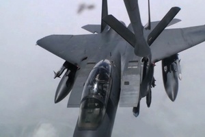 F15 Strike Eagle Gets Refueled by KC135 Stratotanker over Afghanistan
