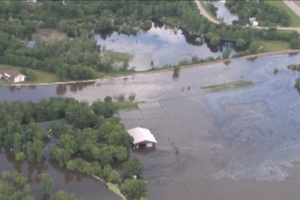 Aerial View of Souris River exceeding Flood Dikes