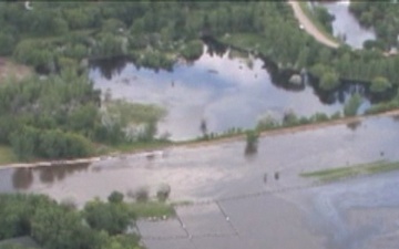 Aerial View of Souris River exceeding Flood Dikes