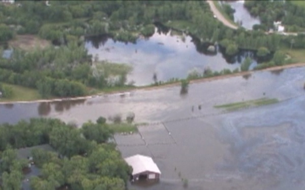 Aerial View of Souris River exceeding Flood Dikes