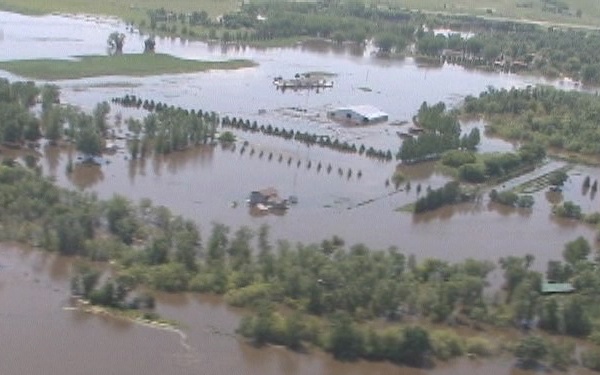 Aerial footage of Souris River in Minot North Dakota June 23