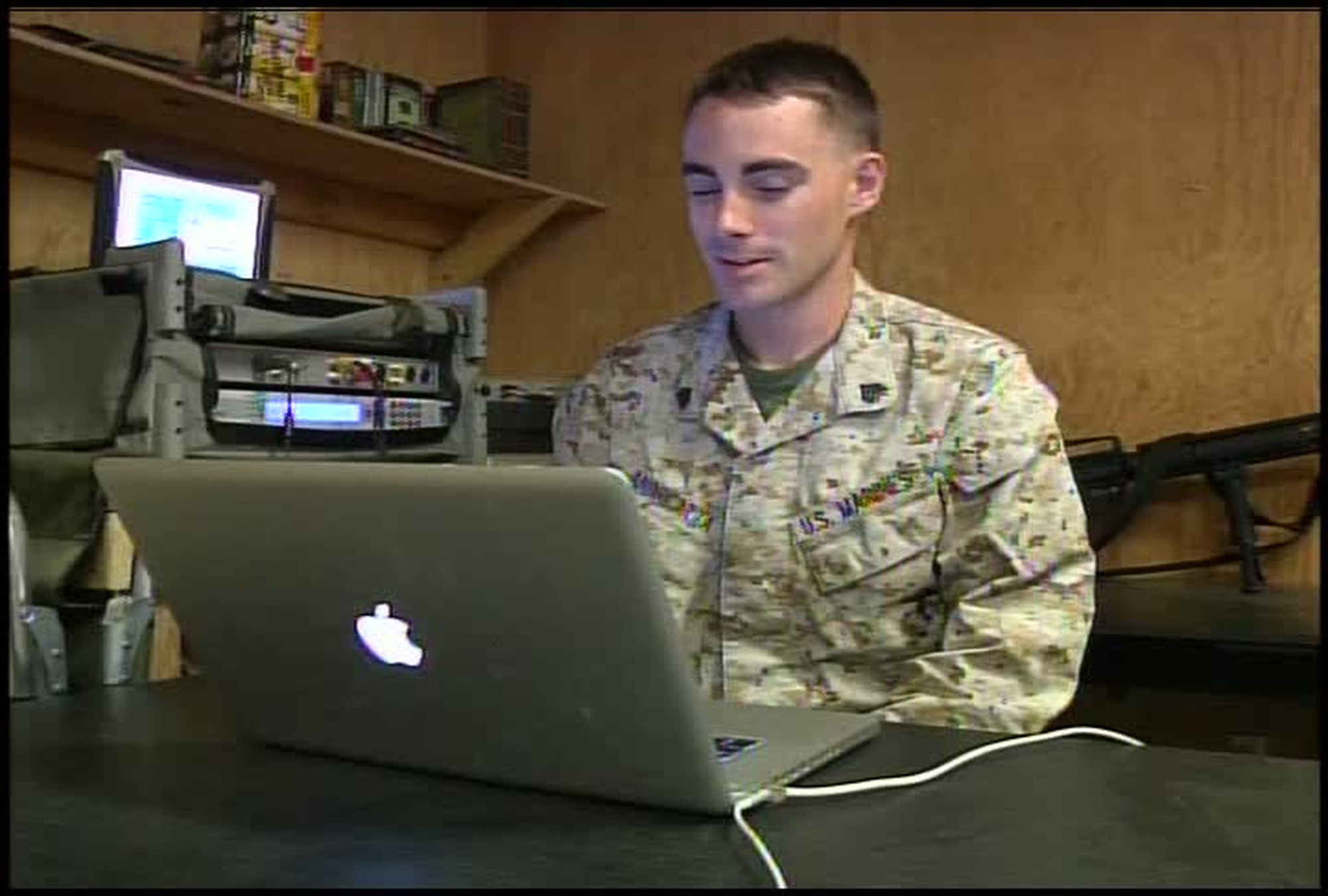 Sgt. Tyler J. Andreatta, Medford, Ore., talks to a KDRV reporter in Medford, Ore., via Skype about being awarded the Purple Heart and the events that led to it. Only partial interview available.