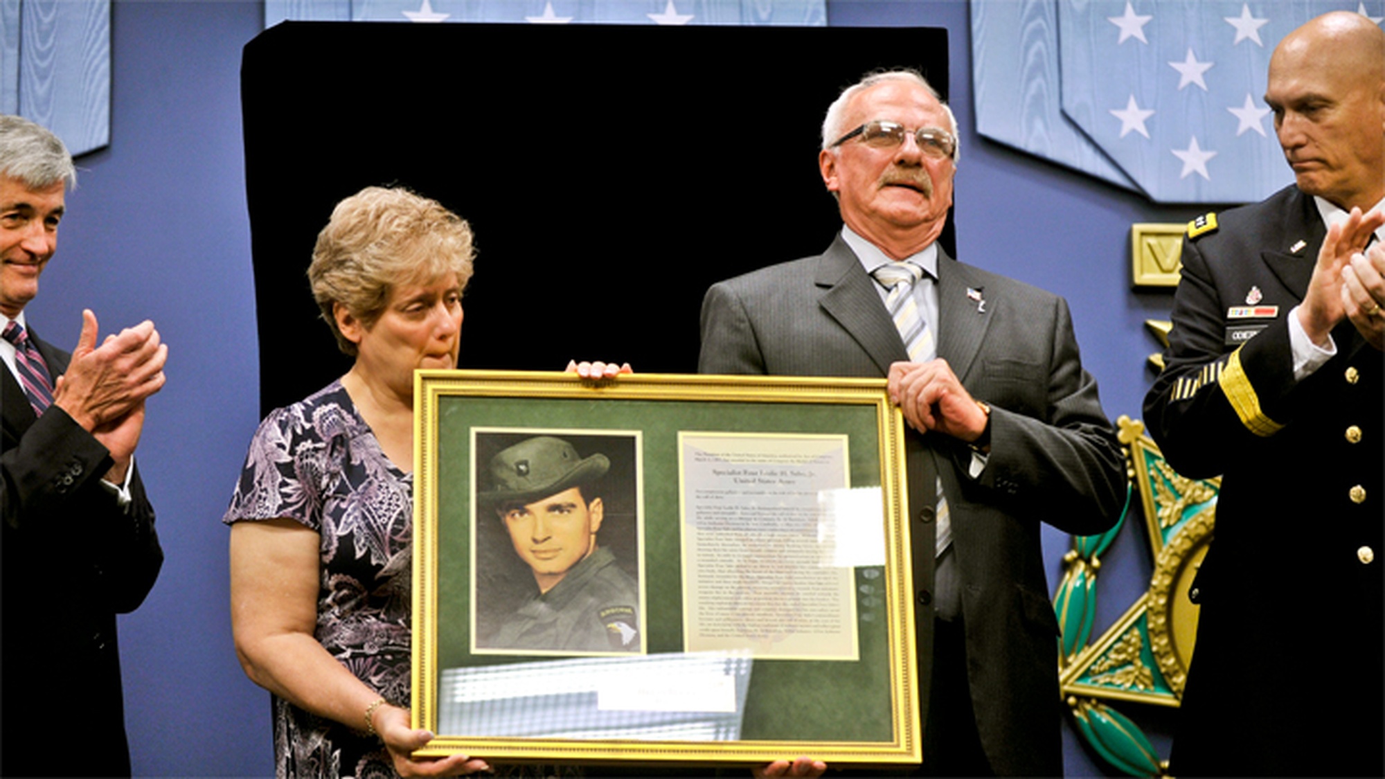 SPC Leslie Sabo is posthumously inducted into the Hall of Heroes at the Pentagon. Secretary of Defense Leon Panetta, Secretary of the Army John McHugh and Army Chief of Staff GEN Ray Odierno deliver remarks at the induction ceremony.  Sabo&#39;s widow, Rose Sabo-Brown, and his brother, George Sabo, receive the honors.