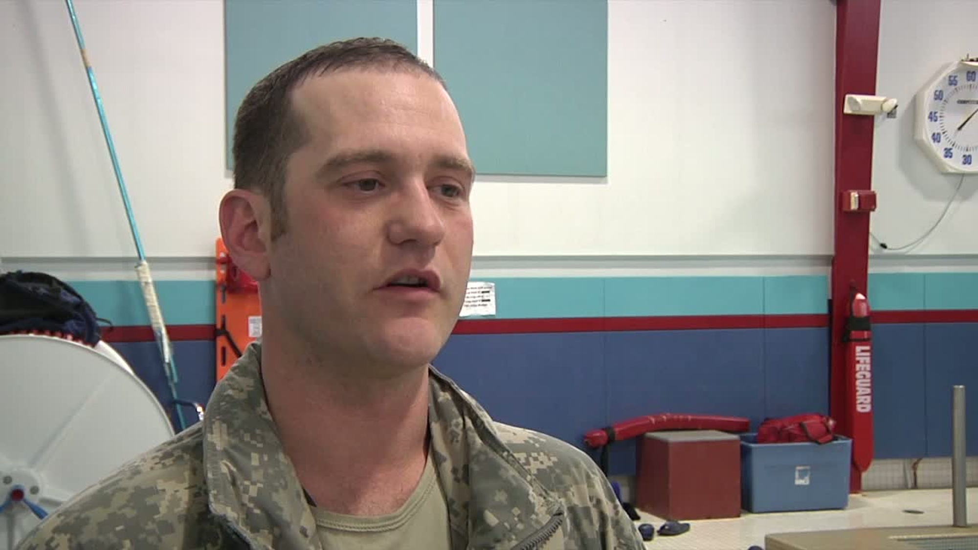 Soldier from C-Troop, 1-172nd Cavalry, Spc. Jason Longway talks about how his unit performed Combat<br />Water Testing at Norwich University in Northfield, VT. The test had soldiers entering the pool in three different stages. In one stage they would have to drop their gear and rifle before exiting the pool. In the second stage they would remove a blindfold before exiting the pool. In the final stage they would swim the length of the pool, 25 meters, with their weapon before exiting the pool. All of the soldiers passed the testing. Available in high definition.
