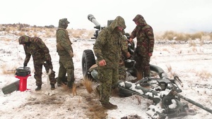 U.S. Marines and New Zealand  gunners fire artillery in the snow