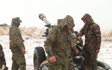 U.S. Marines and New Zealand  gunners fire artillery in the snow