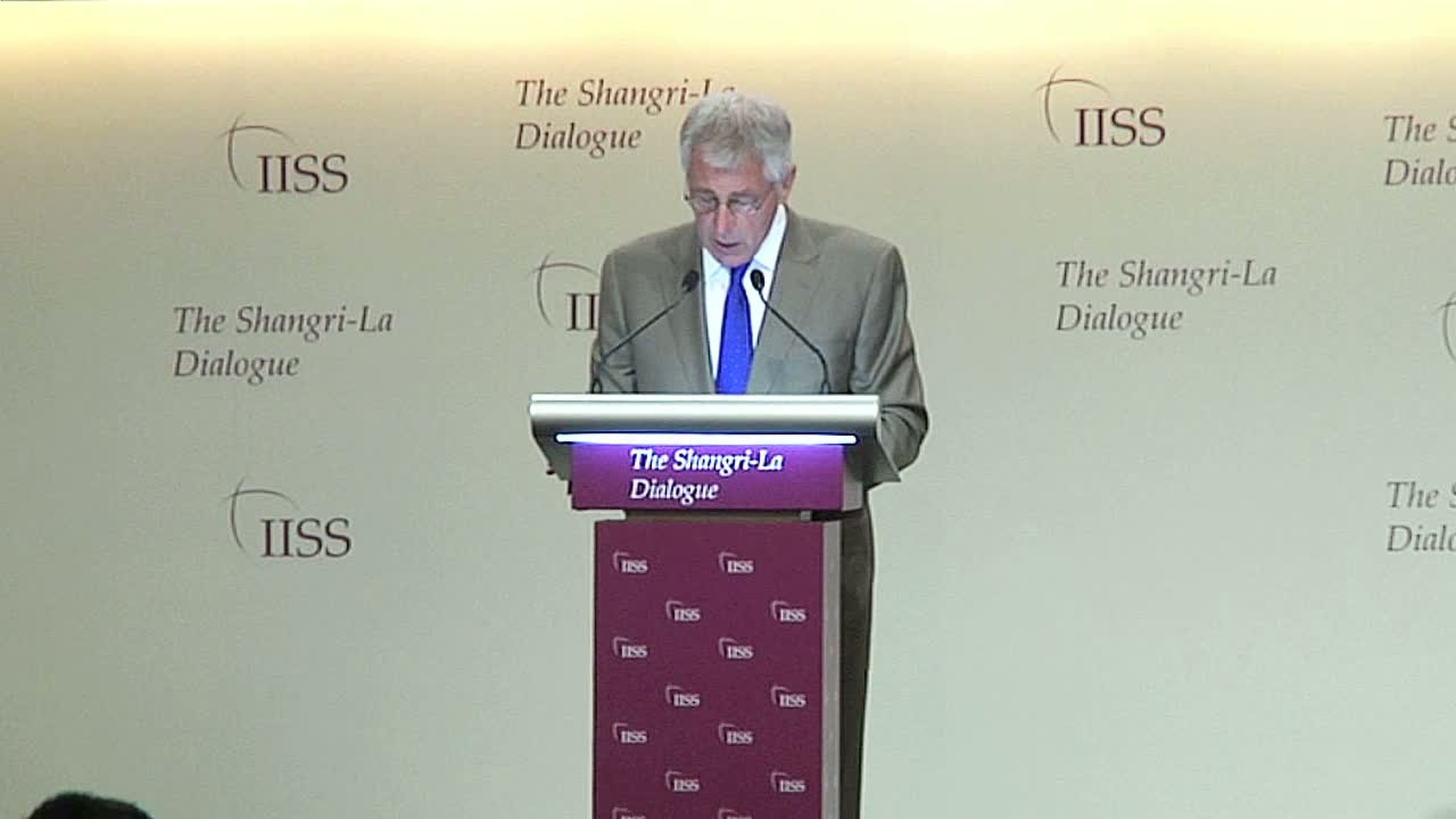 U.S. Secretary of Defense Chuck Hagel addresses the first plenary session at the International Institute for Strategic Studies Asia Security Summit, also known as the Shangri-La Dialogue.  This is the 12th annual conference, which is held in Singapore.  Secretary Hagel spoke about the U.S. approach to regional security in the Asia-Pacific.  He was one of the co-founders of the SLD while serving as a U.S. Senator in 2002. Available in high definition.