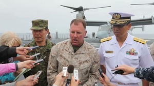 Part 1 of Brig. Gen. John J. Broadmeadow talking with reporters at Osprey landing on Japanese ship