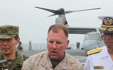 Part 1 of Brig. Gen. John J. Broadmeadow talking with reporters at Osprey landing on Japanese ship